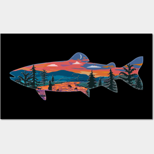 Trout Silhouette Fly Fishing Mountain Sunset River Stream Art Posters and Art